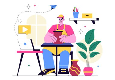 Sanatçı Elleri Yaratıcı Çalışmalar ve Sanat Projesini Düz Çizim Arkaplanında Yaratıcı Eserleri Oluşturan DIY Sınıfı 'nın Yapım Atölyesi Vektör İlülasyonu
