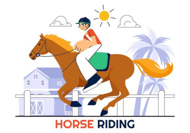 Flat Style Karikatür Arkaplan Tarzı ile Yeşil Tarlada Ata Binme ya da Binicilik Sporu Özellikleri