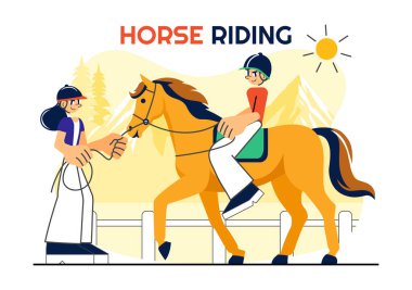Flat Style Karikatür Arkaplan Tarzı ile Yeşil Tarlada Ata Binme ya da Binicilik Sporu Özellikleri