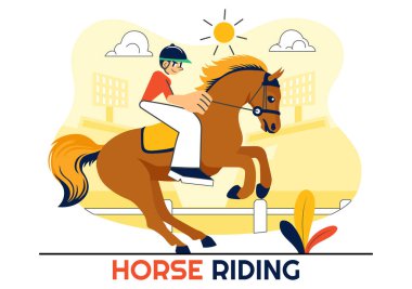Flat Style Karikatür Arkaplan Tarzı ile Yeşil Tarlada Ata Binme ya da Binicilik Sporu Özellikleri