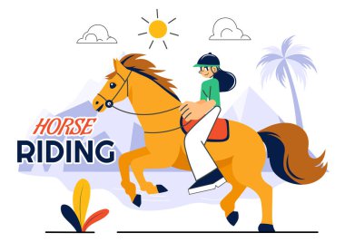 Flat Style Karikatür Arkaplan Tarzı ile Yeşil Tarlada Ata Binme ya da Binicilik Sporu Özellikleri