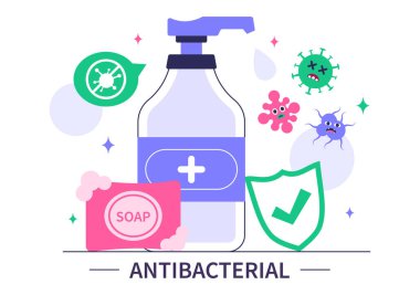 El yıkama, virüs önleme ve Düz Arkaplanda Mikrop Sağlığı ve Hijyen Kontrolü içeren Antibakteriyel Vektör Resimleri