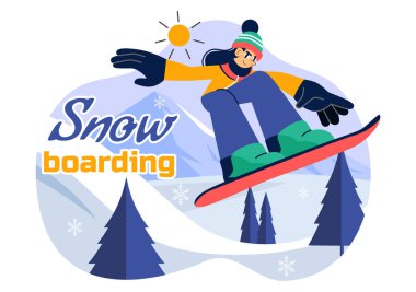 Kış boyunca Düz Tarzlı Çizgi Film Arkaplanında Kar Altında Kayan ve Zıplayan İnsanların yer aldığı Snowboard Vektör Resimleri