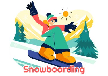 Kış boyunca Düz Tarzlı Çizgi Film Arkaplanında Kar Altında Kayan ve Zıplayan İnsanların yer aldığı Snowboard Vektör Resimleri