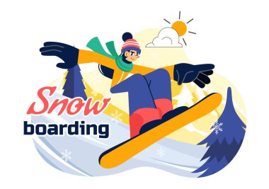 Kış boyunca Düz Tarzlı Çizgi Film Arkaplanında Kar Altında Kayan ve Zıplayan İnsanların yer aldığı Snowboard Vektör Resimleri