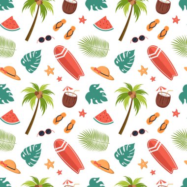 Plaj Elementleri Çizgi Filmde Düz Şekil Görünümlü Tropik Yaz Şablonu