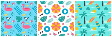 Plaj Elementleri Çizgi Filmde Düz Şekil Görünümlü Tropik Yaz Şablonu