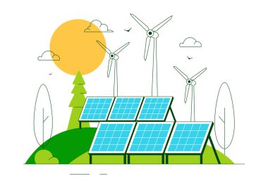 Rüzgâr Güç Türbinleri, Güneş Panelleri ve Arkaplanda Yeşil Alternatif Enerji ile Enerji Depolama Sistemleri içeren Güneş Çiftliği Vektör Resimleri