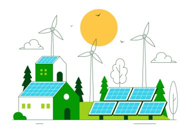 Rüzgâr Güç Türbinleri, Güneş Panelleri ve Arkaplanda Yeşil Alternatif Enerji ile Enerji Depolama Sistemleri içeren Güneş Çiftliği Vektör Resimleri