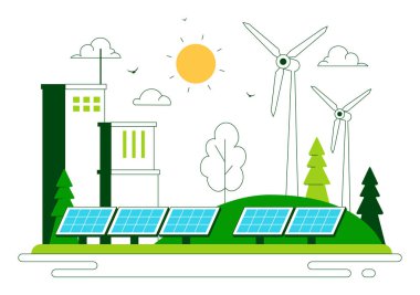 Rüzgâr Güç Türbinleri, Güneş Panelleri ve Arkaplanda Yeşil Alternatif Enerji ile Enerji Depolama Sistemleri içeren Güneş Çiftliği Vektör Resimleri
