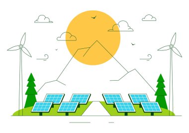Rüzgâr Güç Türbinleri, Güneş Panelleri ve Arkaplanda Yeşil Alternatif Enerji ile Enerji Depolama Sistemleri içeren Güneş Çiftliği Vektör Resimleri