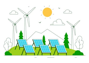 Rüzgâr Güç Türbinleri, Güneş Panelleri ve Arkaplanda Yeşil Alternatif Enerji ile Enerji Depolama Sistemleri içeren Güneş Çiftliği Vektör Resimleri