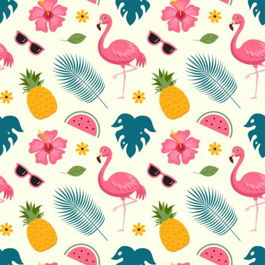 Plaj elementleri düz çizgi film tarzında Tropikal Yaz Şablonu