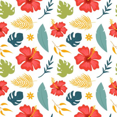 Plaj elementleri düz çizgi film tarzında Tropikal Yaz Şablonu