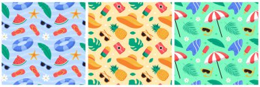 Plaj elementleri düz çizgi film tarzında Tropikal Yaz Şablonu