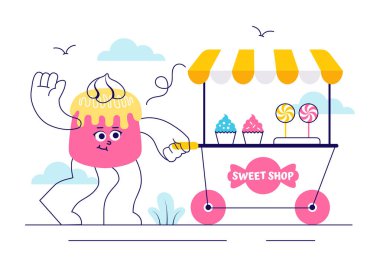 Çeşitli Fırın Ürünleri, Kekler, Kekler, Kekler, Pastalar veya Düz Tarzlı Çizgi Filmdeki Şekerleme 'nin Satışı içeren Tatlı Dükkan Vektörü Resimleri