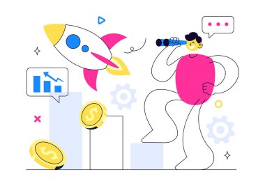 Girişim Vektörü İllüstrasyonu: İş Geliştirme Süreci Hedefi, Yenilikçi Ürün Fırlatma, Ok Atıcılığı ve Hedef Başarı