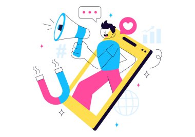 Pazarlama Vektörü İllüstrasyonu Etkilendirici Ürünleri Desteklemek ve Desteklemek için Pazarlama Stratejileri İçin İnternetteki Sosyal Medya Gönderileri