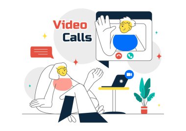 Evden Bir Arkaplanda Çalışırken Bir Web Kamerası Kullanarak Çevrimiçi Arkadaşların Uzaktan İletişim Vektörü İllüstrasyonu ile Konferans Video Çağrısı