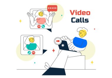 Evden Bir Arkaplanda Çalışırken Bir Web Kamerası Kullanarak Çevrimiçi Arkadaşların Uzaktan İletişim Vektörü İllüstrasyonu ile Konferans Video Çağrısı