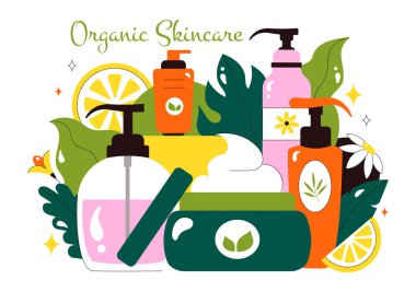 Doğal Cilt Bakım Vektörü İllüstrasyonu Kozmetik Yüz Cilt Ürünleri Uygulayan Kadınlar Düz Arkaplanda Organik Malzemelerle Yapıldı