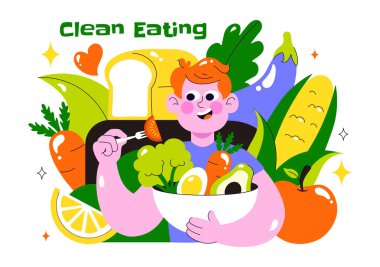 Sağlıklı bir Günlük Diyet ve Dengeli Yaşam Tarzı İçin Taze Organik Sebzeler ve Meyveler içeren Temiz Yeme Vektörü İllüstrasyonu