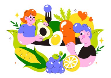 Sağlıklı bir Günlük Diyet ve Dengeli Yaşam Tarzı İçin Taze Organik Sebzeler ve Meyveler içeren Temiz Yeme Vektörü İllüstrasyonu