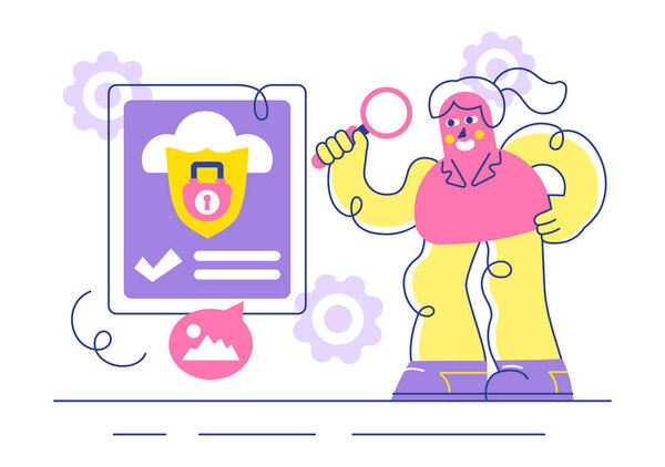 Векторная иллюстрация цифровых облаков, обеспечивающая безопасность и защиту данных для сетей, Интернета, хостинга и резервного копирования серверов в технологическом режиме