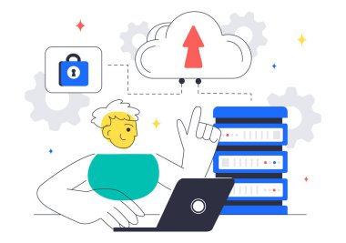 Veritabanı, İstatistik, Analiz, Sunucu, İzleme ve Ağ Bağlantısıyla Dijital Teknoloji Hızı Bağlantısını Özetleyen Bulut Hesaplama Çizimi