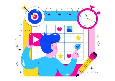 Takvim üzerinde Tanıtım Postaları ve Medya Pazarlama Planı ile Notlar Yapan İnsanların Sosyal Medya İçerik Planlama Çizelgesi