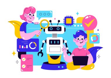 Yapay Zeka Görevleri, Büyük Veri ve Teknoloji Mühendisleriyle Arkaplanda Çalışan Bilim Adamları, Makine Öğrenme Vektörü İllüstrasyonu