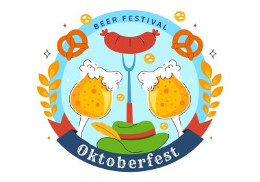 Bira, Sosis, Zencefilli Ekmek, Fıçı, Alman Bayrağı ve Düz Arkaplanda Buğday 'ın yer aldığı Mutlu Ekim Festivali Festivali Vektör İllüstrasyonu