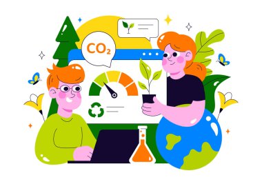 Karbon Ayak İzi Azaltma Çizimi: Çevre Kirliliği Etkisi Analizi: CO2, Doğa, İklim ve Küresel Çevre Dengesi Üzerine Etki