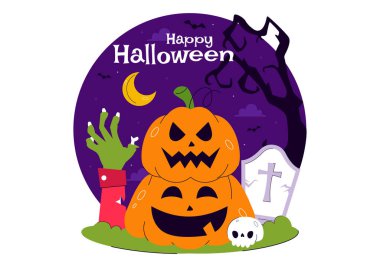 Mutlu Cadılar Bayramı Gece Festivali Vektör Resimlerinde Ay Işığındaki Balkabakları, Hayaletler ve Düz Çizgi Film Arkaplanındaki Diğer Ürkütücü Elementler