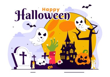 Mutlu Cadılar Bayramı Gece Festivali Vektör Resimlerinde Ay Işığındaki Balkabakları, Hayaletler ve Düz Çizgi Film Arkaplanındaki Diğer Ürkütücü Elementler