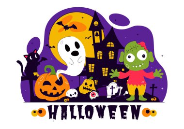 Mutlu Cadılar Bayramı Gece Festivali Vektör Resimlerinde Ay Işığındaki Balkabakları, Hayaletler ve Düz Çizgi Film Arkaplanındaki Diğer Ürkütücü Elementler