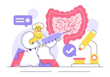 Mide Sağlığı Gastroenterolojisi Vektör İllüstrasyonu Düz Biçim Çizgi Filminde Karın Ağrısı ve Sağlık Araştırmaları