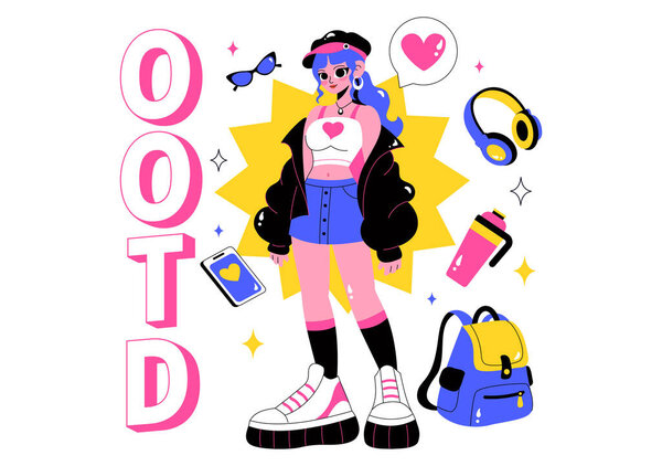 Векторная иллюстрация дня OOTD с выбором одежды, аксессуарами, самовыражением и стилем на плоском фоне