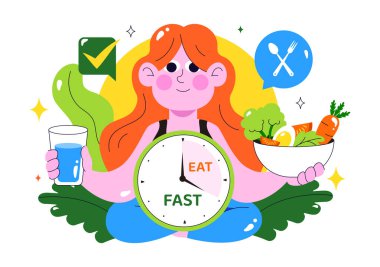 Diyet Düz Arkaplan 'da Yemek Zamanı ve Egzersiz İlkesini sembolize eden Saat Yüzlü Aralıklı Oruç Vektör İlülasyonu