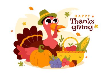 Türkiye, Balkabağı, Sonbahar Yaprakları ve Düz Tarzlı Çizgi Film Arkaplanındaki Çeşitli Festivalsel Elementler 'in sunduğu Şükran Günü Vektör İllüzyonunuz kutlu olsun.