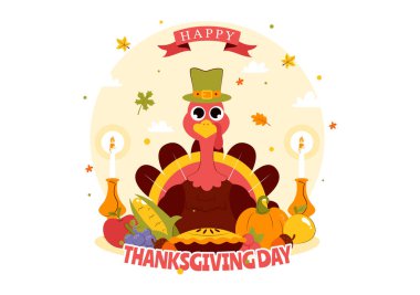 Türkiye, Balkabağı, Sonbahar Yaprakları ve Düz Tarzlı Çizgi Film Arkaplanındaki Çeşitli Festivalsel Elementler 'in sunduğu Şükran Günü Vektör İllüzyonunuz kutlu olsun.