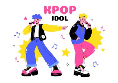 Idol Trend Vector İllüstrasyonu K pop ve Kore idollerinin Düz Tarzlı Arkaplanda Sosyal Medya Trendlerini Popülarize Ettiği Gruplar