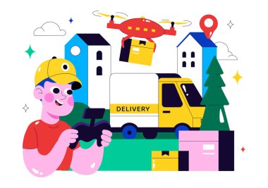 İnsansız Hava Arkaplanda Uzaktan Kumanda Hava Lojistiği kullanılarak Modern Teknolojiyle birlikte bir Nakliye Paketi içeren İHA Teslimat Servisi İllüstrasyonu