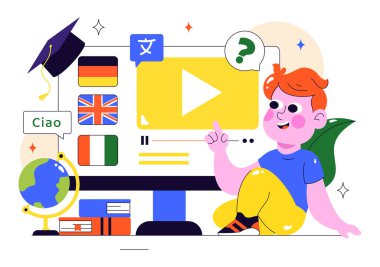 Çevrimiçi Dil Öğrenme Vektörü İllüstrasyon Özellikleri Kursları, Eğitim Programları ve Yurtdışında Yabancı Dilleri Öğrenme Web sitesi Eğitimi
