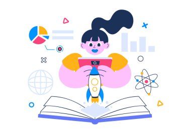 Sanal Gerçeklik Teknolojisi, Kumar ve Eğitim 'in sunduğu Artırılmış Gerçeklik Vektörü İllüstrasyonu, Başlık ve Etkileşimli VR Dokunuş Arayüzü