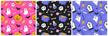 Mutlu Cadılar Bayramı Festivali Kusursuz Şablon Çizgi Film Şablonunda Ürkütücü elementler Tasarımı