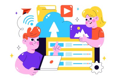 Küresel Bağlantı Ağı, Dosya Aktarımı ve Düz Arkaplan Veri Merkezi ile Hesaplama içeren Bulut Depolama Vektörü İllüstrasyonu