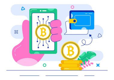 Bir Para Yığını, Dijital Para Cüzdanı, Engelleme Teknolojisi ve Arka planda Bitcoin içeren Kripto Para Birimi Ticari Resimleri