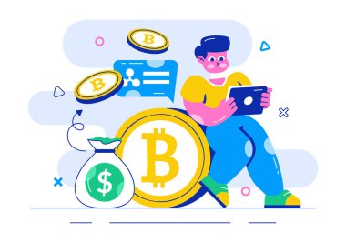 Bir Para Yığını, Dijital Para Cüzdanı, Engelleme Teknolojisi ve Arka planda Bitcoin içeren Kripto Para Birimi Ticari Resimleri