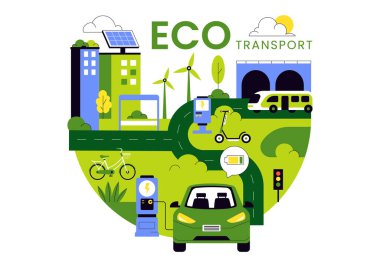 Kentsel Taşımacılık Yöntemlerinde Verimlilik İçin Çoklu Seyahat Kiplerinin Bir Arkaplanda Birleştirilmesini içeren Çevre dostu Taşımacılık İllüstrasyonu